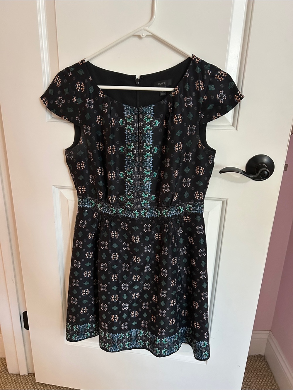 J. Crew Black Mini Dress with Turquoise and Blush Embroidery